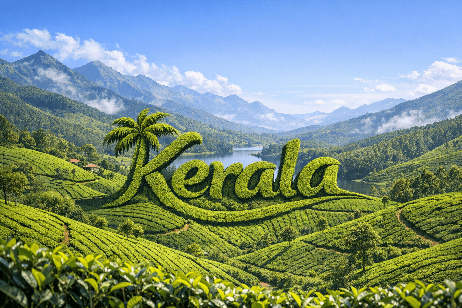 Munnar tea estates with 'Kerala' text written