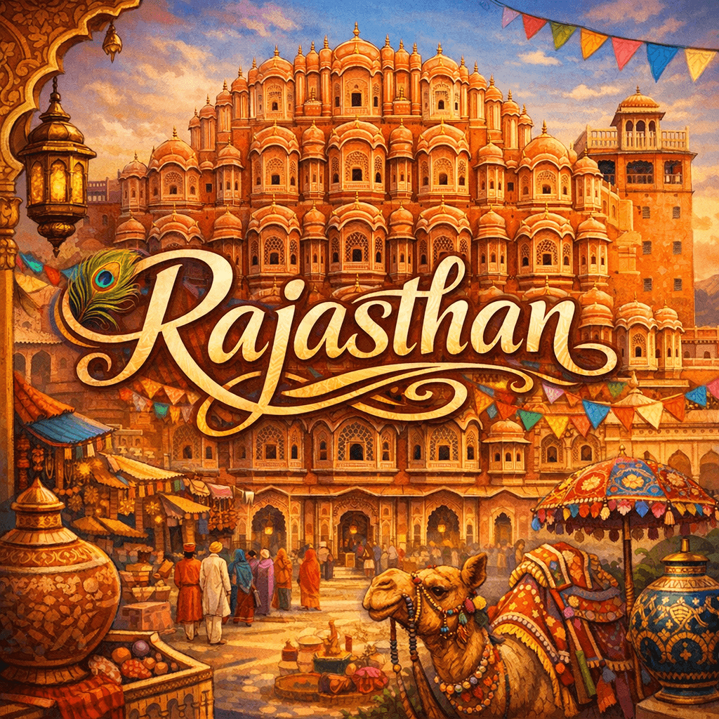 Artistic representation of Hawa Mahal with Rajasthan text.