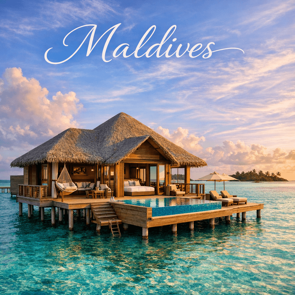 Overwater villa in the Maldives with 'Maldives' text