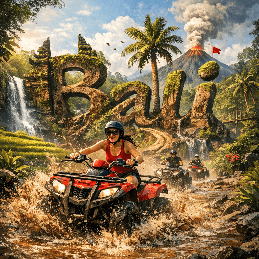 ATV ride in Bali with 'Bali' written artistically