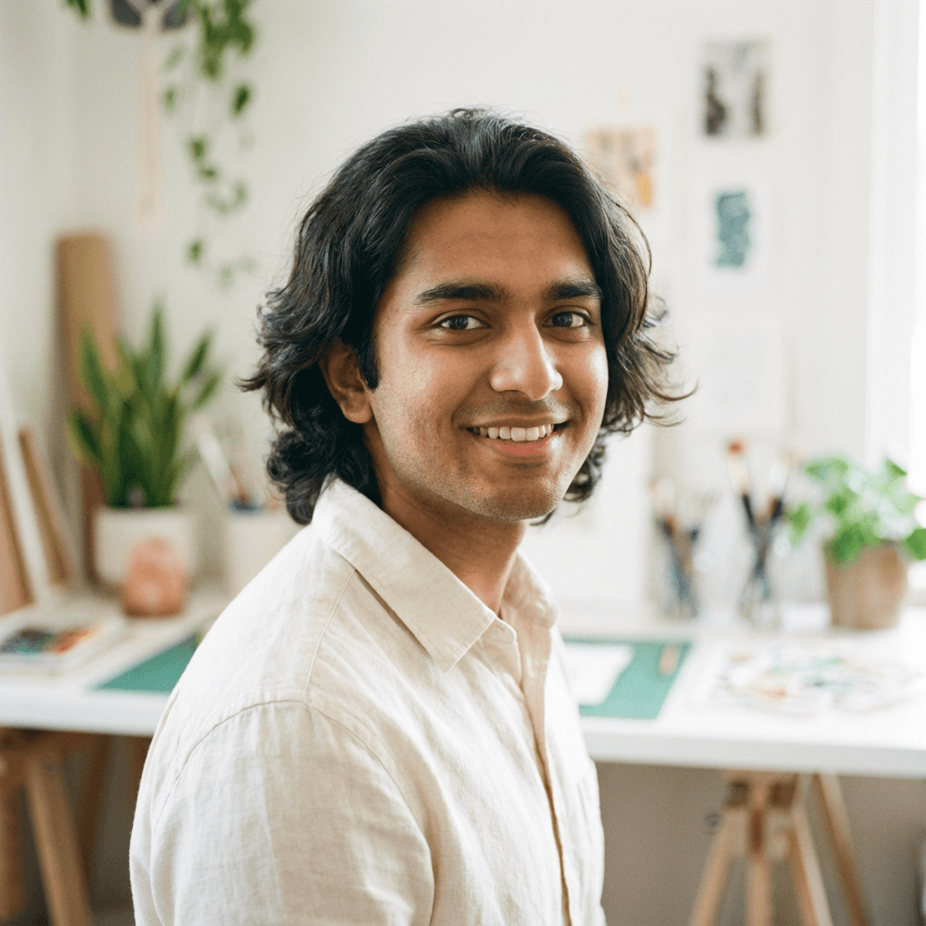 Sidharth Varma in a travel office with a laptop and itinerary documents on the desk