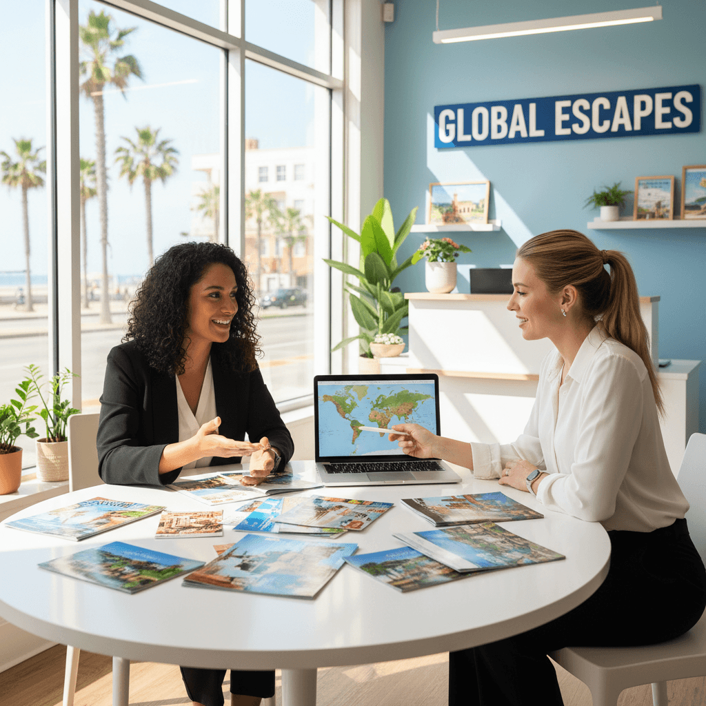 Travel agency consultation with brochures spread over an office table