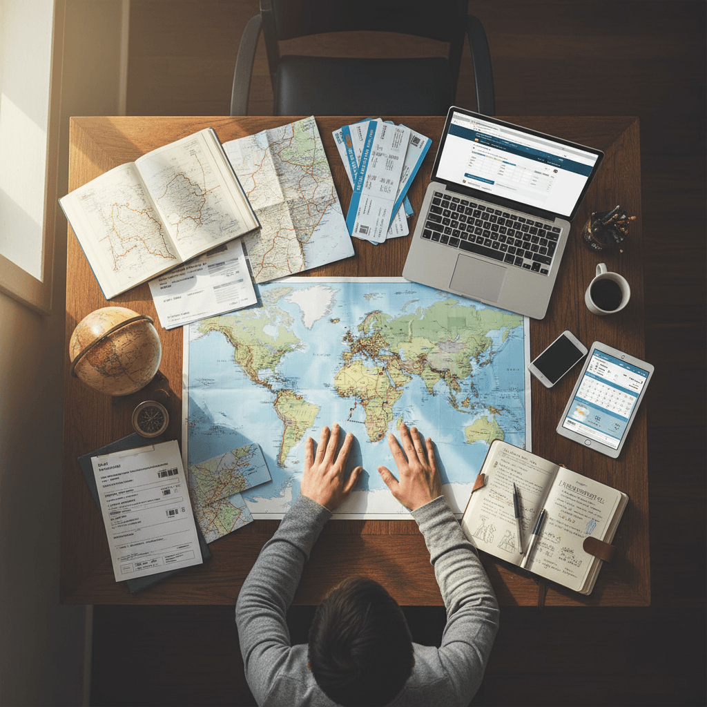 Travel planner with maps and booking documents spread on a desk