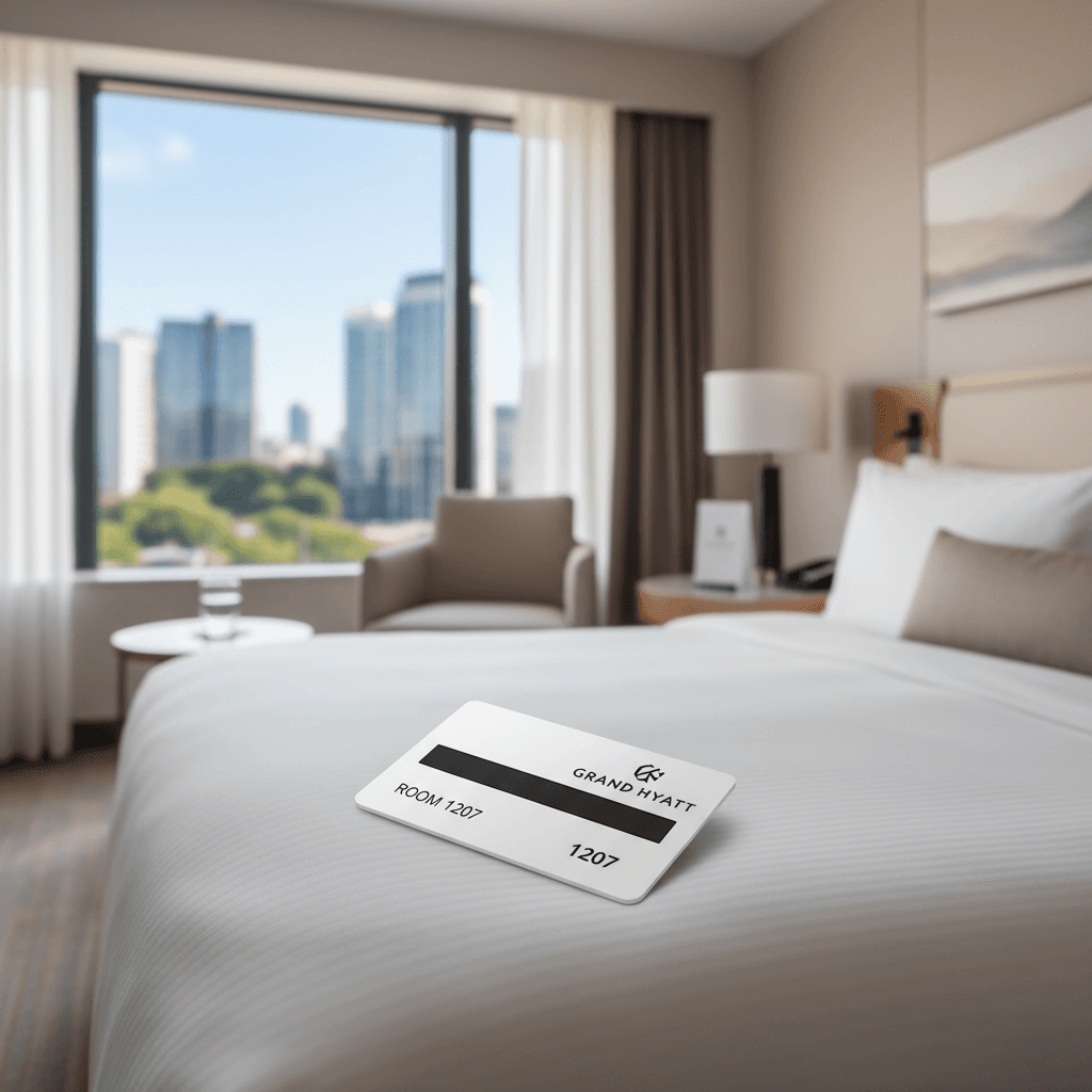 Hotel key card resting on a neatly made bed in a bright room