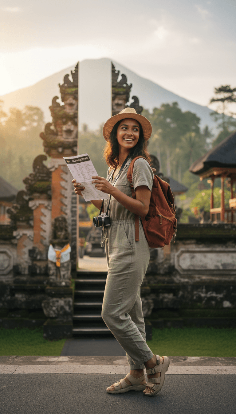 Female traveler at tropical destination at sunrise, holding itinerary, looking toward scenic landscape with joy and anticipation