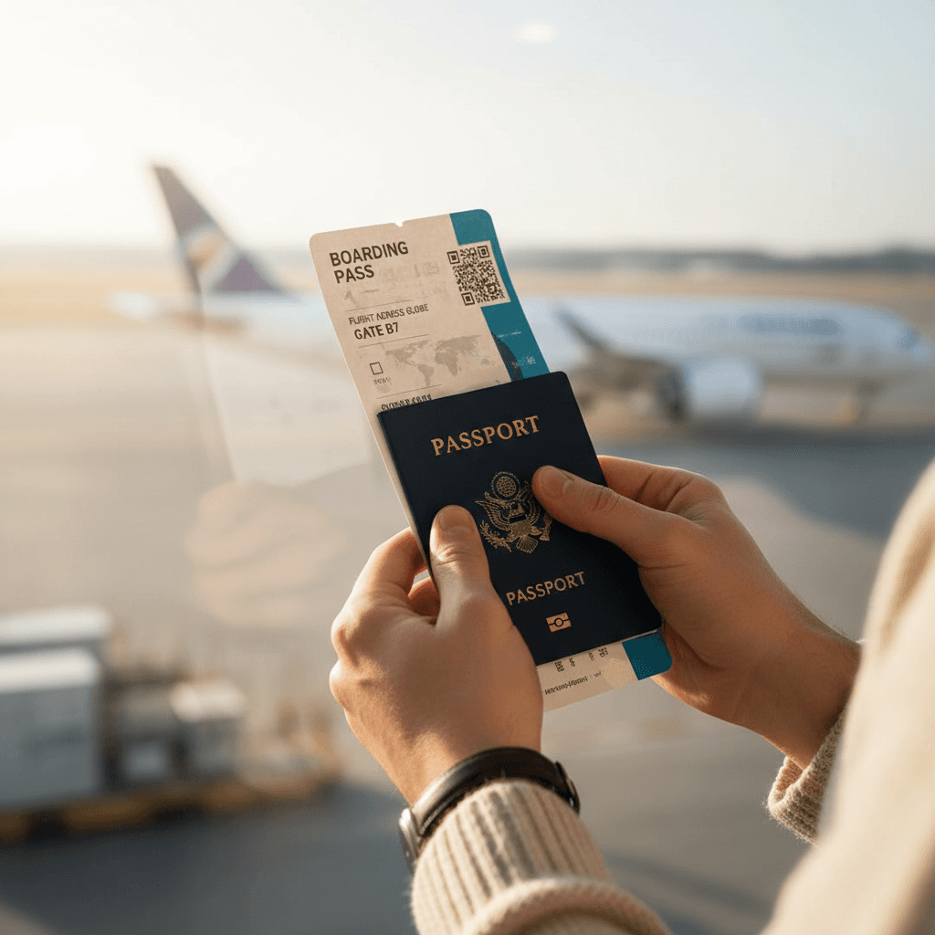 Traveler's hands holding airline ticket and passport by airport window with aircraft visible outside