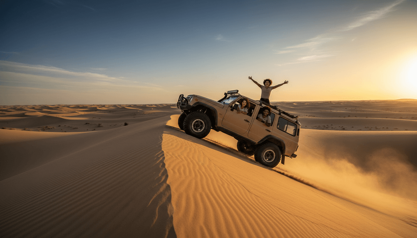 Diverse travelers in off-road vehicle driving across golden desert dunes at sunset with expressions of adventure and excitement