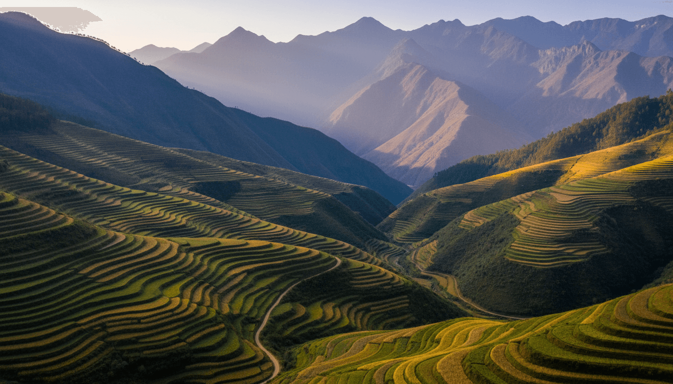 Vast remote mountain valley with geometric terraced fields, winding path, and layered ridgelines at golden hour