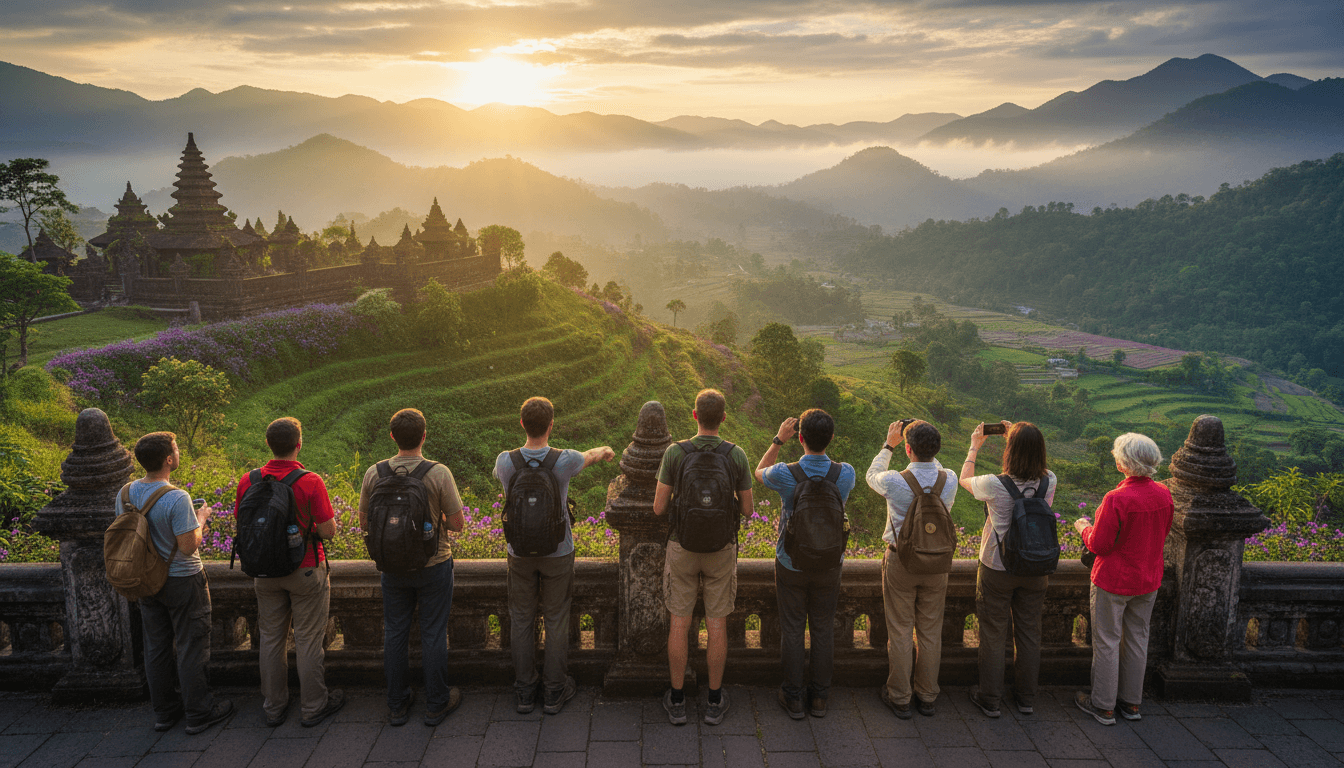 Diverse group of travelers viewing misty hills and temple spires from scenic overlook at golden hour in South Indian landscape
