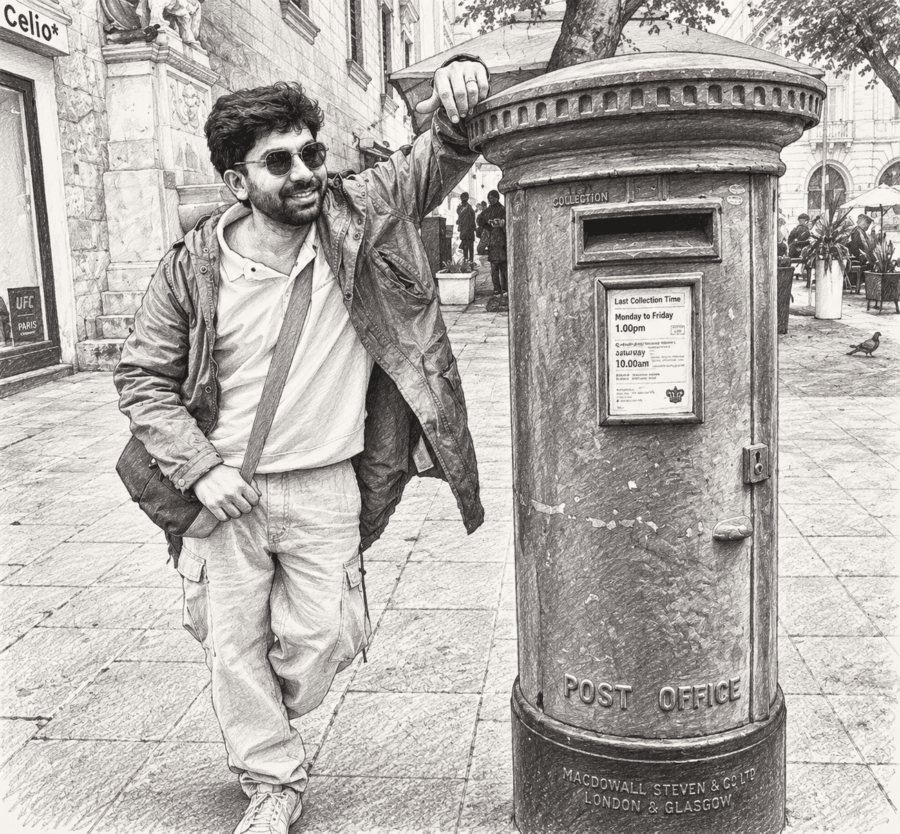Smiling man in sunglasses leaning against a vintage pillar post box in a city square.
